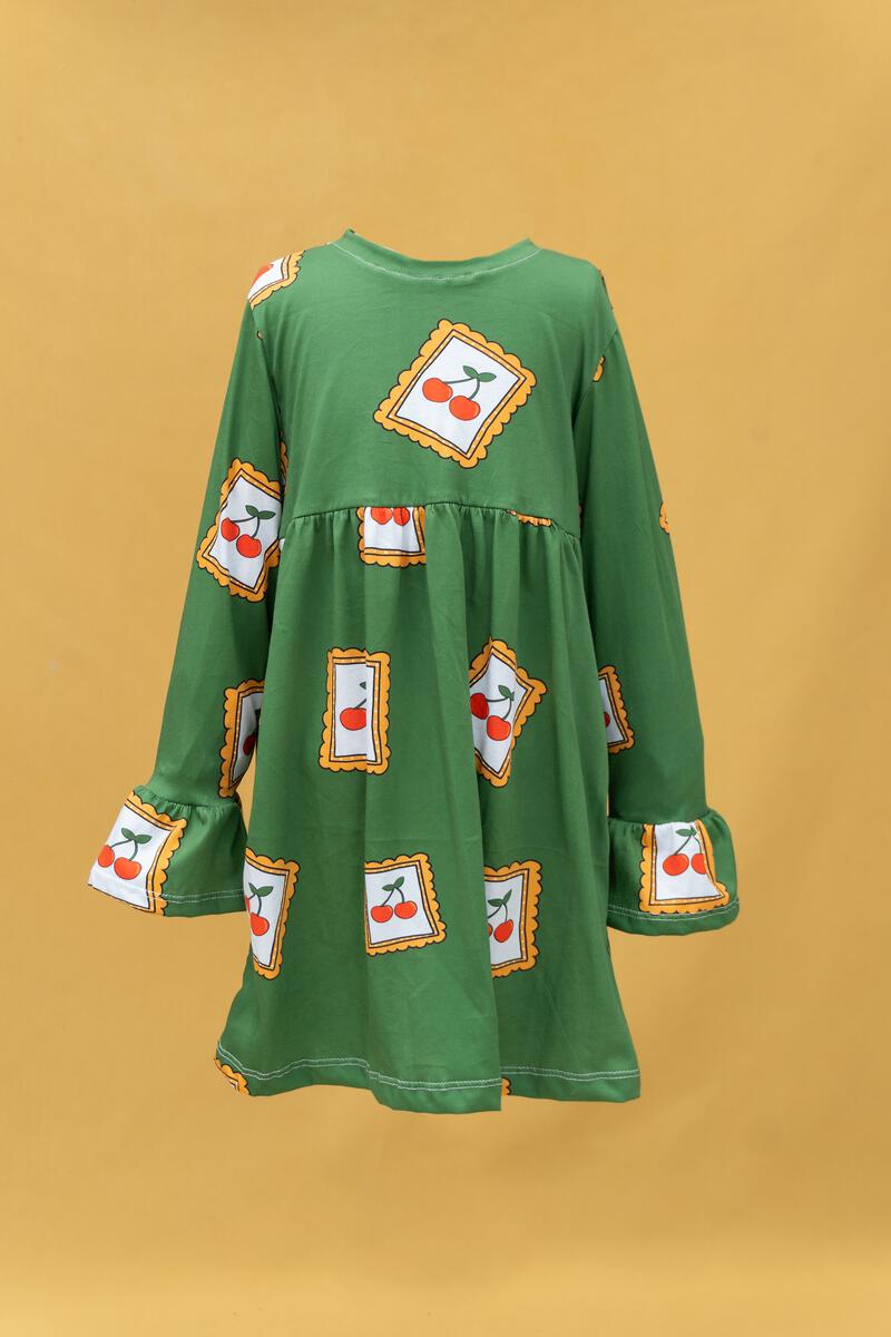 Green Cherries Bell Sleeve Dress - Wild Plains